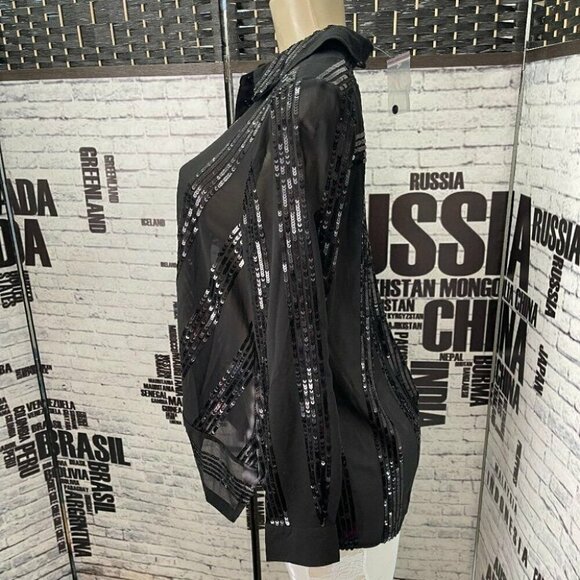 Roaman's 12W Black Sheer Sequin Collar Button Knotted Front Long Sleeve Blouse - Picture 5 of 6